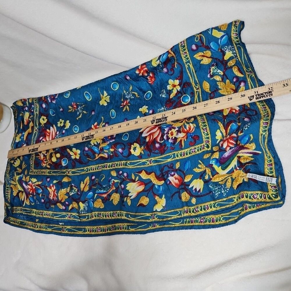 Sophistcated Teal Blue, Gold, Red Square Floral‎ Bordered Silk Scarf 31" x 31" - Picture 6 of 6